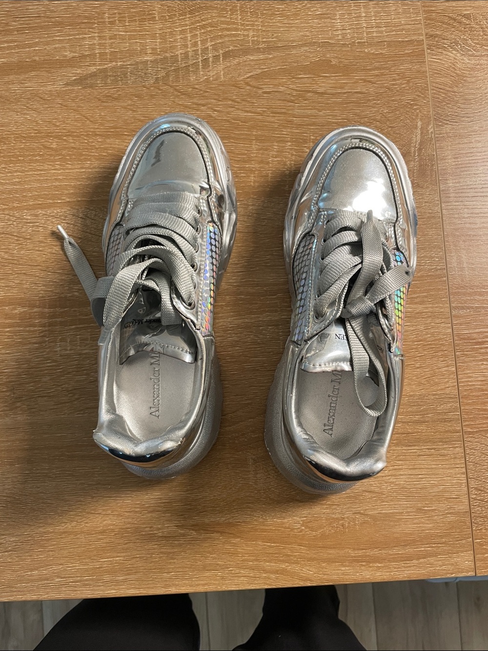 Alexander McQueen Metallic Silver Sneakers with Iridescent Side Panels